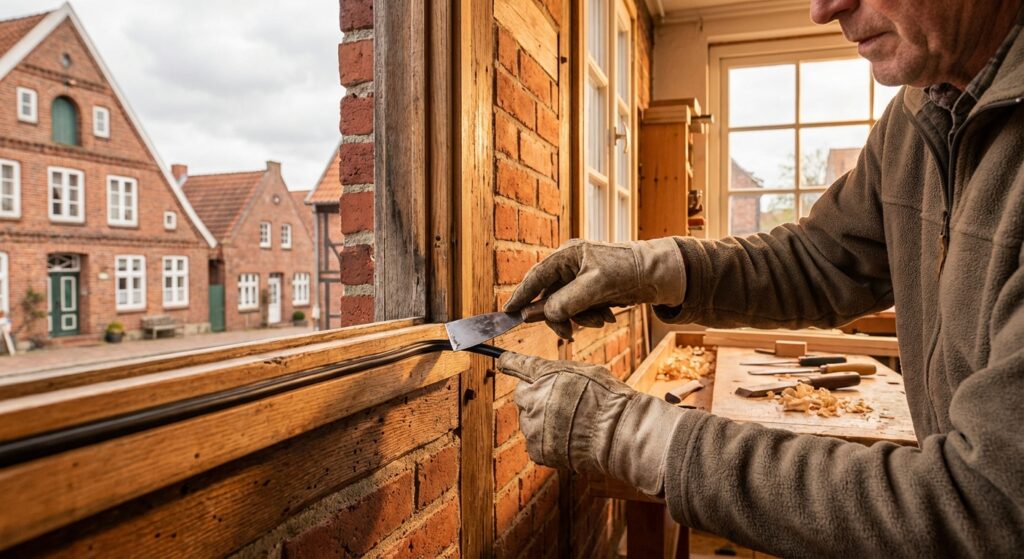 Fachmann erneuert Fensterdichtungen an altem Holzfenster – professioneller Dichtungstausch für bessere Energieeffizienz in Schwerin und Norddeutschland