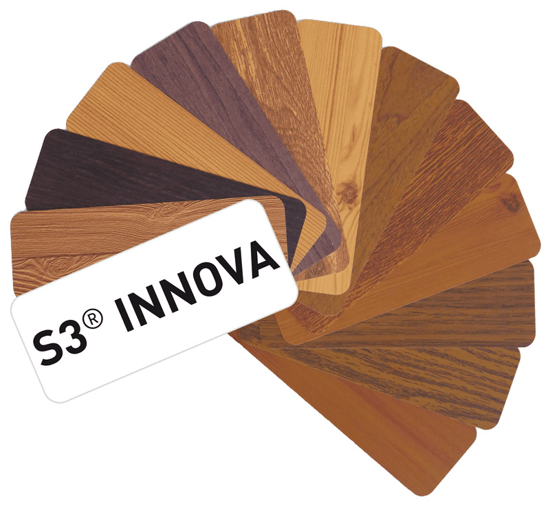 Farbfächer mit Holzdekoren für die S3 Innova Fensterverkleidung
